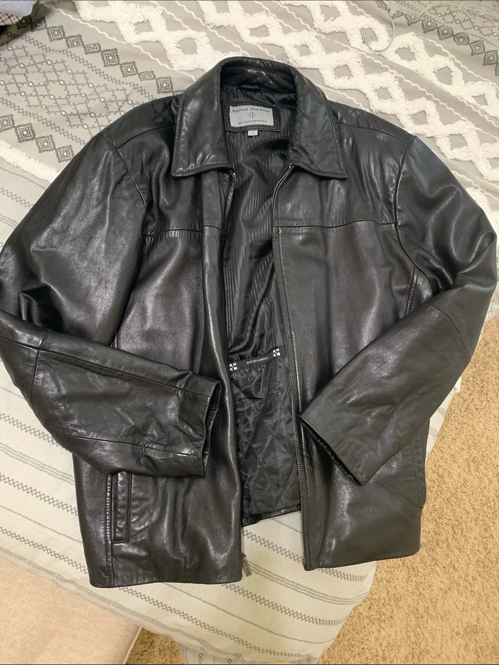 Men's Black Leather Bomber Jacket by Boston Harbour